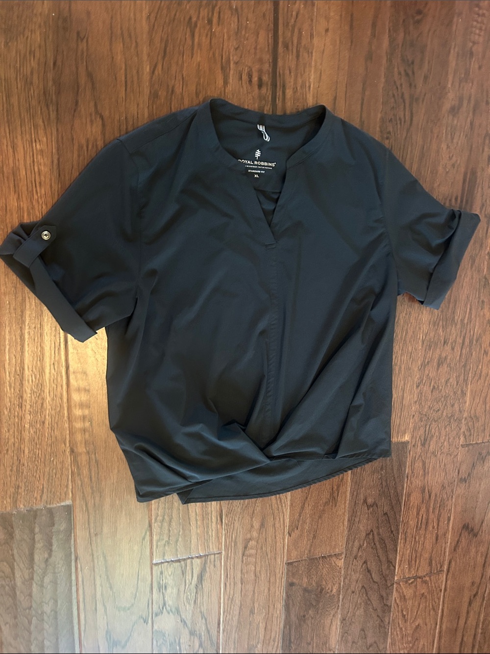 Royal Robbins Black Short Sleeve V-Neck Twist Front Top